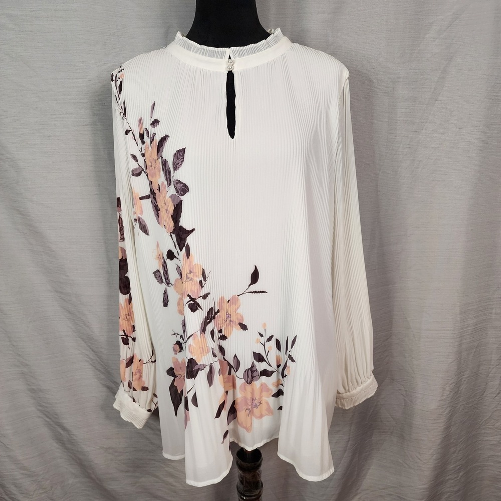 MIDNIGHT VELVET Size XL Pleated Floral Chiffon Keyhole Neck Flowy Tunic Blouse